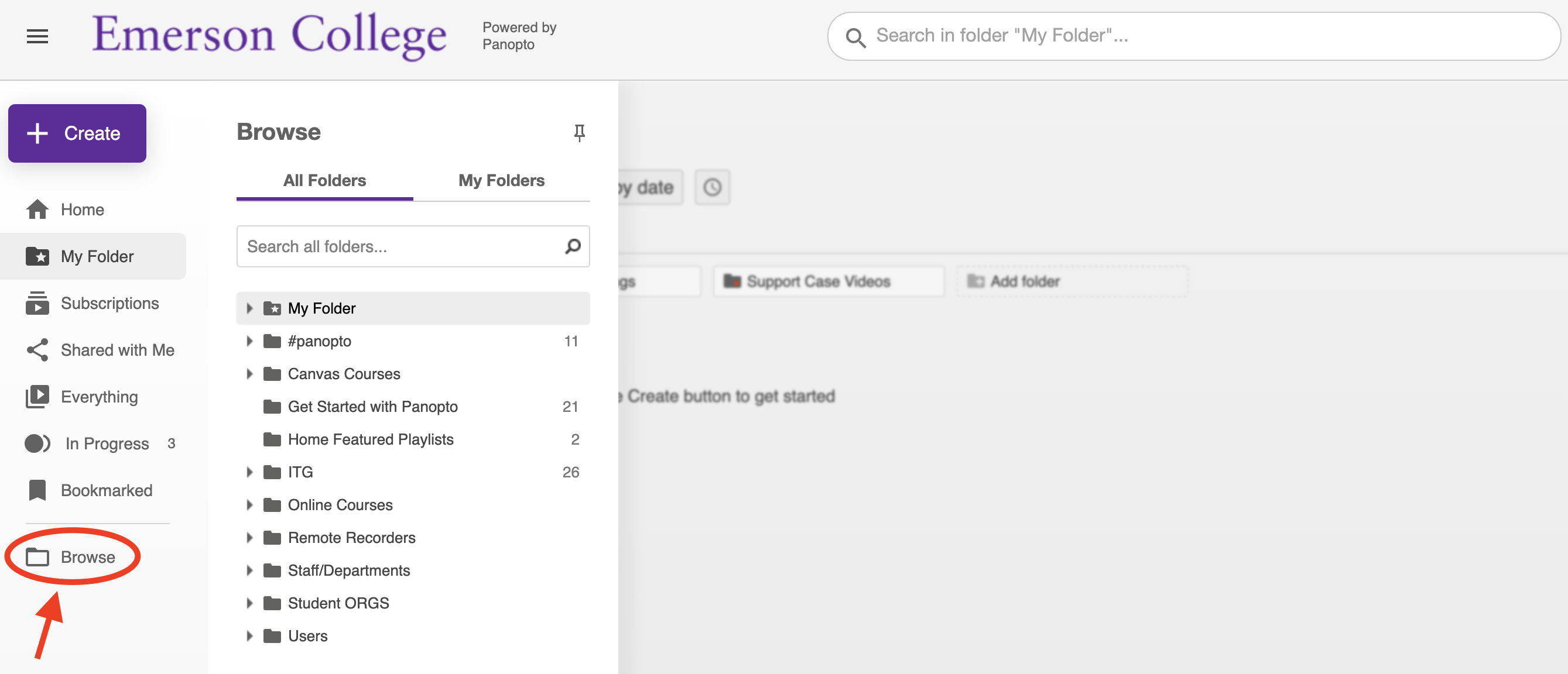 The Browse panel in the Panopto Web Portal.