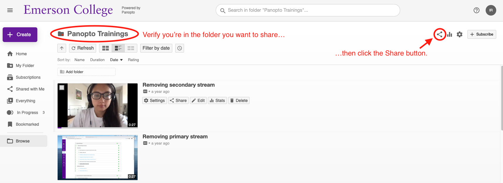 The share folder button is located at top right of the folder.