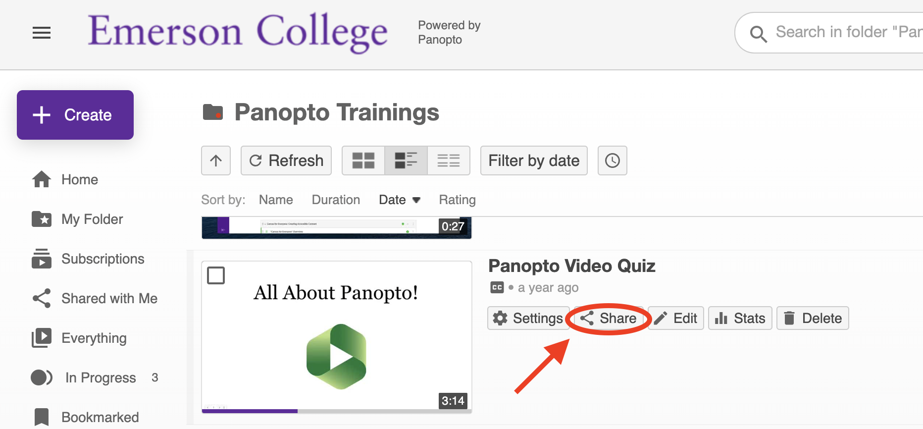 Hover over a video to reveal the share button.