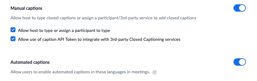 Screenshot of Zoom manual and automatic captioning settings.