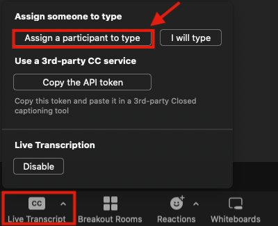 Screenshot of Zoom controls showing how to enable the option to assign a participant to type.