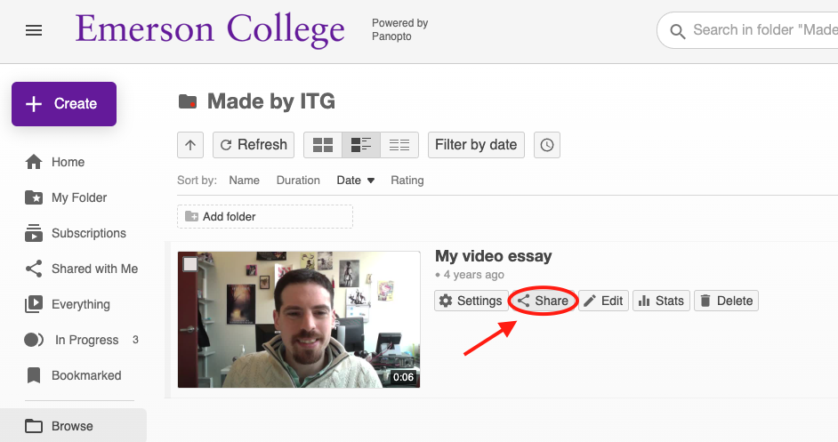 The Share button revealed under a video/audio in the Panopto Web Portal.
