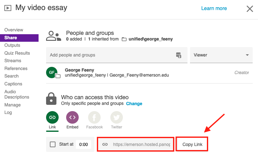 A video or audio’s shareable link is located at the bottom of its sharing settings.