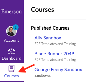 An expanded Courses Menu in Canvas, with an arrow indicating its icon.