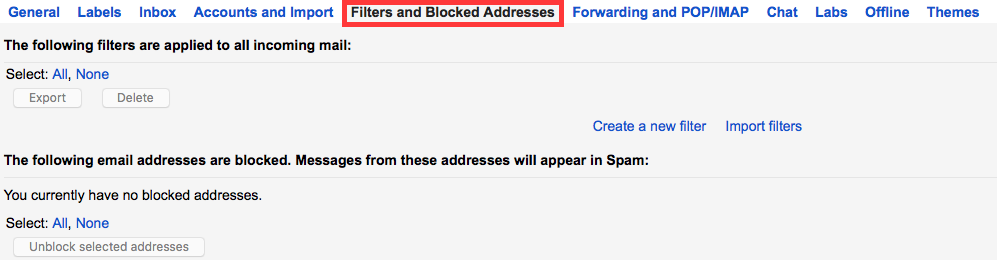 A screenshot of the Settings page with 'Filters and Blocked Addresses' emphasized.