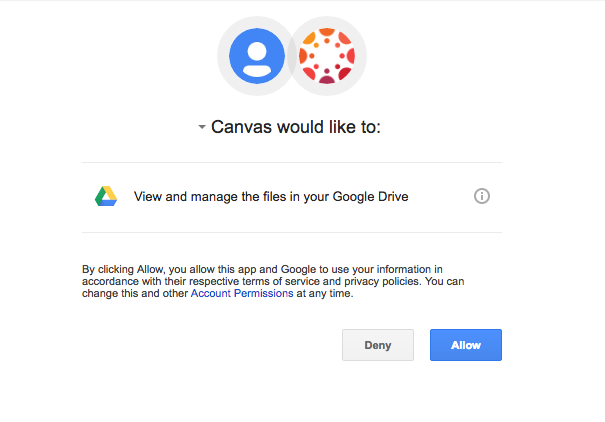 A screenshot of Canvas asking for permission to view and manage the files in your Google Drive.