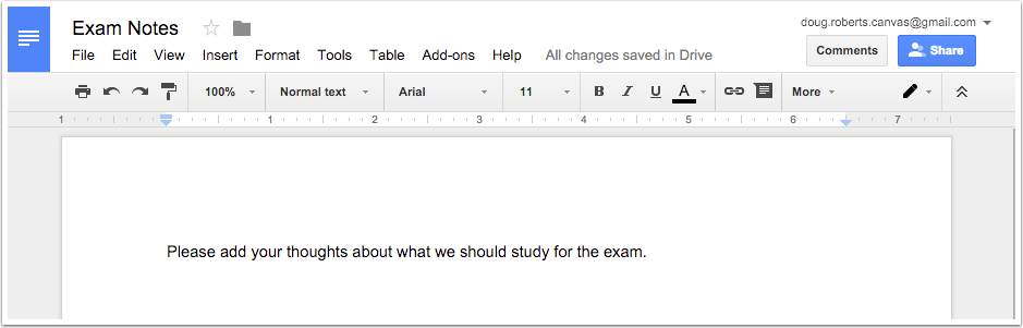 A screenshot of a Google Doc called 'Exam Notes'. Presumably, this is the newly created collaboration document.